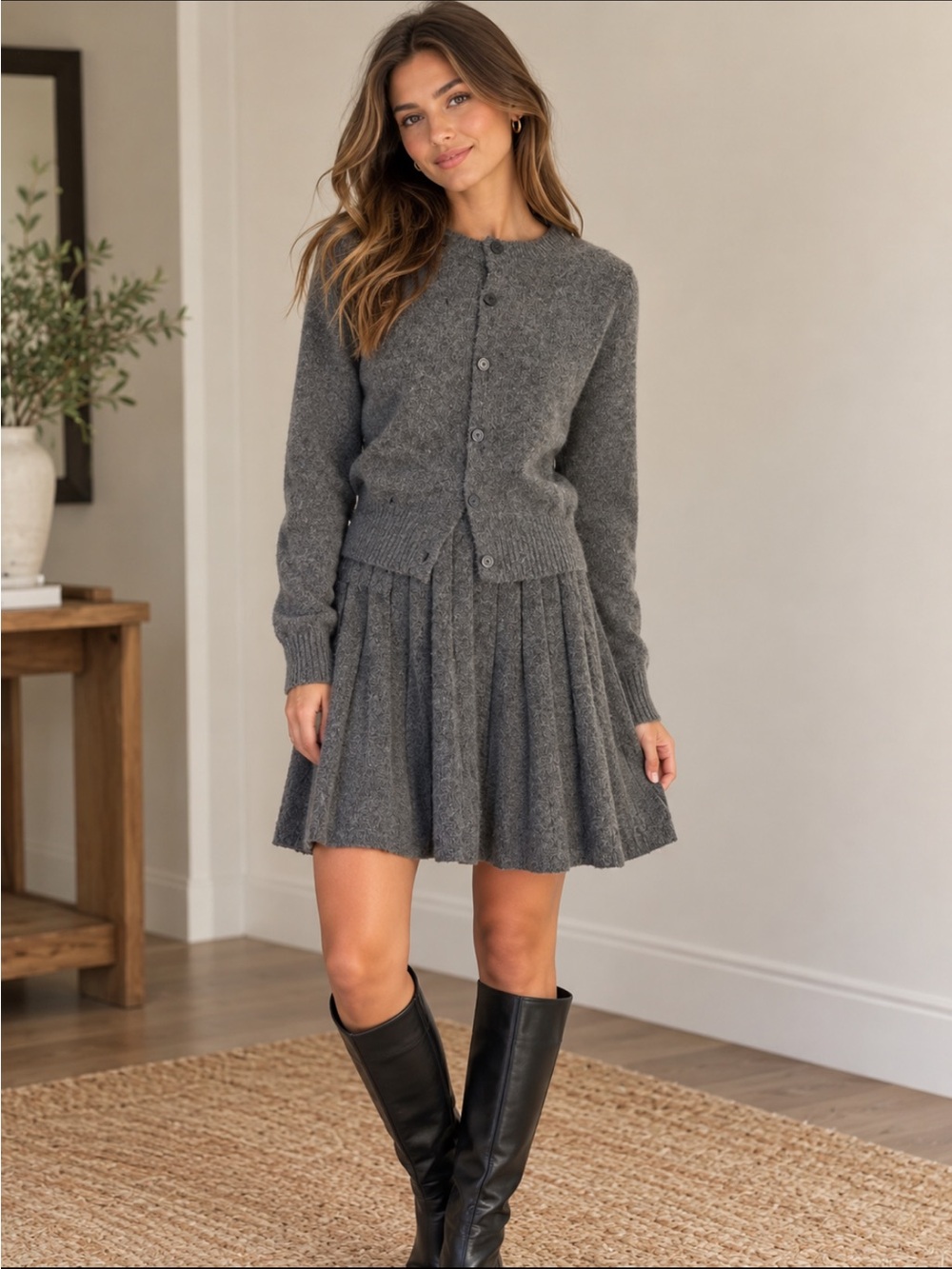 Soft And Feminine Gray Knit Button-Front Dress And Matching Cardigan